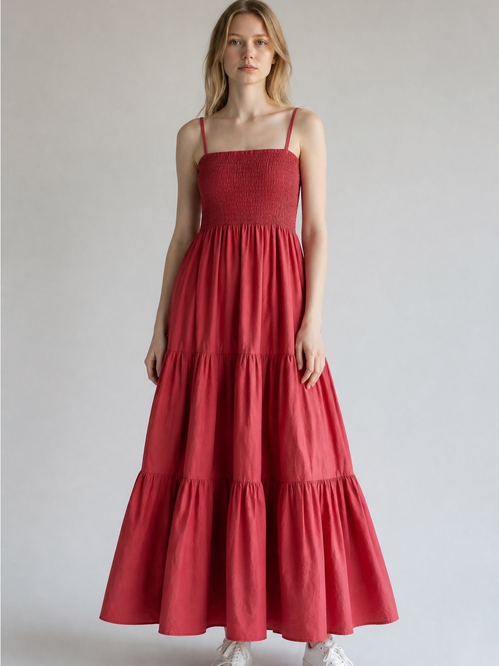 Tiered Maxi Dress Smocked Bodice Cotton red Sundress Vacation Cottagecore M